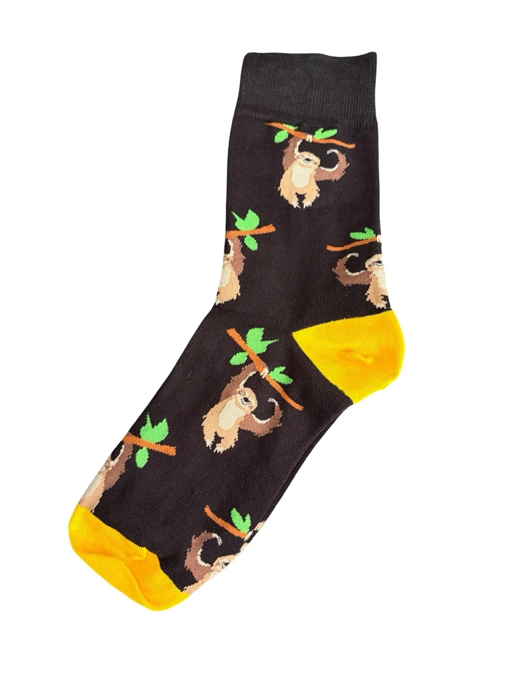 Sloth Novelty Crew Socks Black Yellow